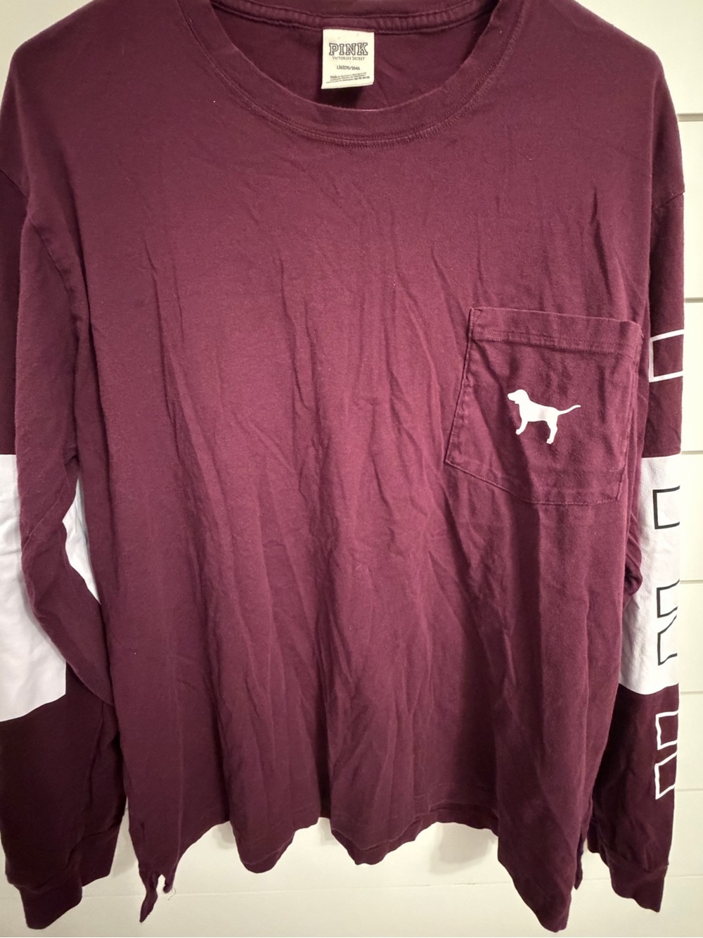 PINK Victoria's Secret Long Sleeve Pocket Tee - Maroon with White Logo Sleeves